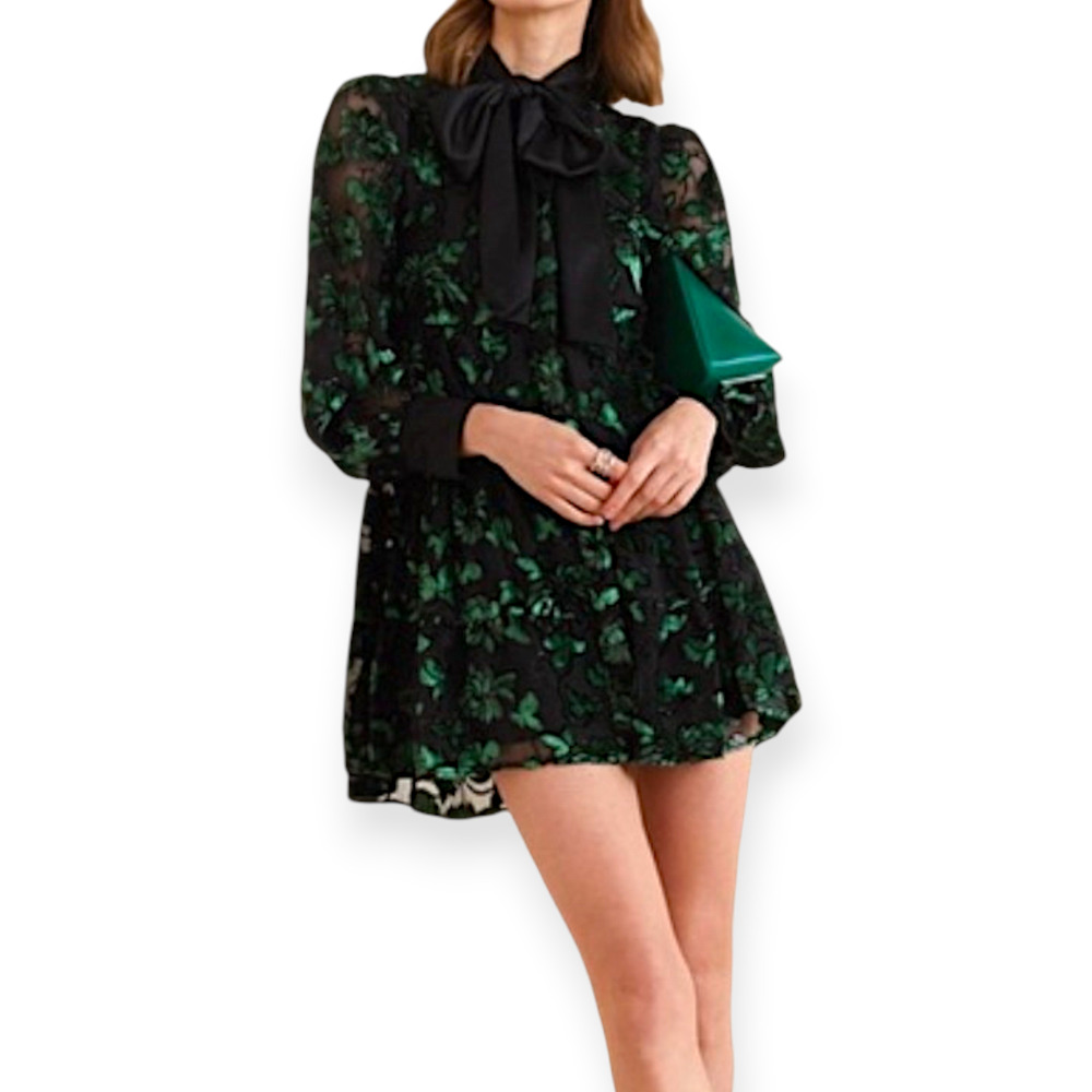 Alice + Olivia Rowen Green Black Velvet Burnout Floral Bow Mini Dress XL - Picture 2 of 10
